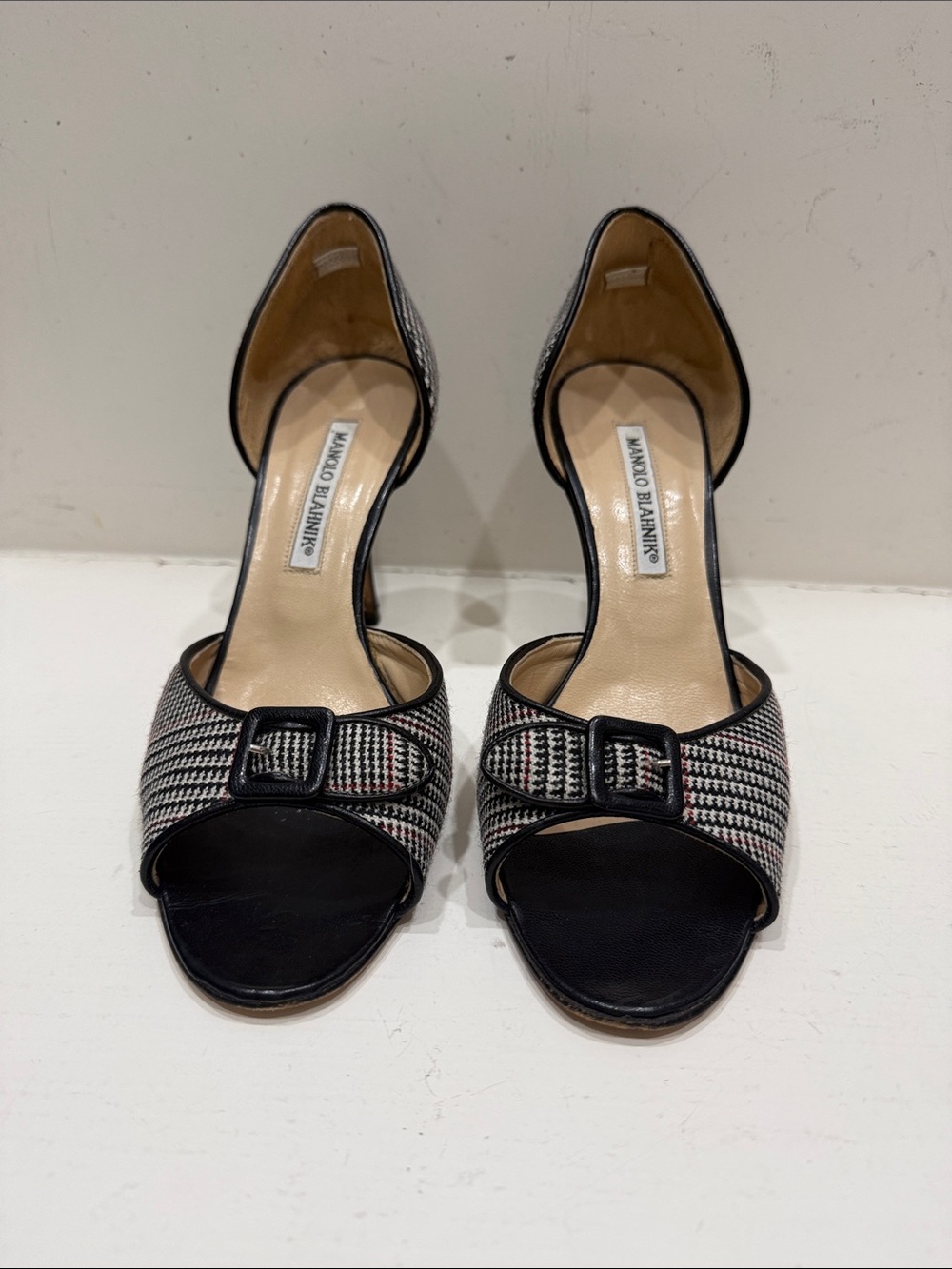 Authentic Manolo Blahnik Black Houndstooth Buckle Open-Toe Heels